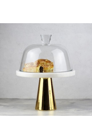 Akayev Mermer 25 Cm Altın Konik Ayak Beyaz Kalın Cam Fanus