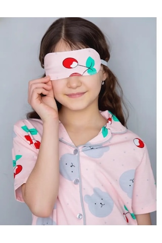 Lillypicca Pembe Desenli Pamuklu Önden Düğmeli Göz Bantlı Kısa Kol Pijama Takımı 8003 Somon
