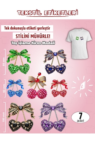 Ütü İle Yapışan Kıyafet Etiketi Taş İşleme Kiraz Modeli 7li Set Karışık