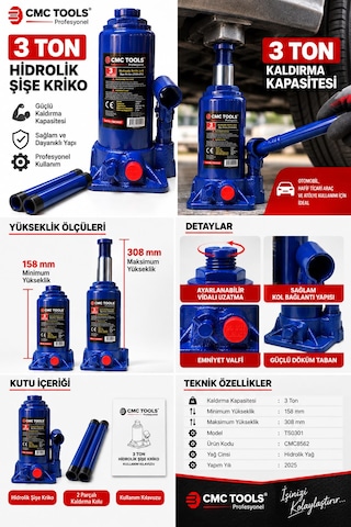 Cmc Tools Cmc8562 3 Ton Hidrolik Şişe Kriko 158-308 Mm 2 Parçalı Kollu