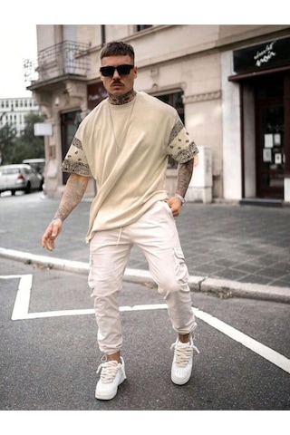 Altamira Erkek Duman Gri Kol Desenli Oversize T-shirt 001
