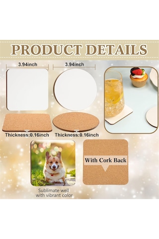 Xurunkeji 24 Adet Süblimasyon Bardak Altlığı 4 X 4 İnç Sert Levha Bardak Altlığı Mantar Ve Mdf Boş Süblimasyon Araba Bardak Altlıkları Yuvarlak, Kare Beyaz