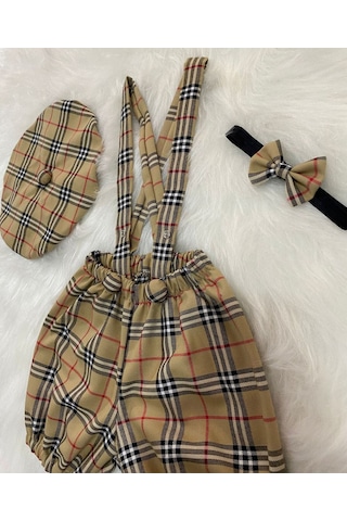 Eylülce Butik Bej Ekose Çocuk Askılı Şort Salopet & Ressam Şapkası & Papyon - Pasta Patlatma-doğum Günü