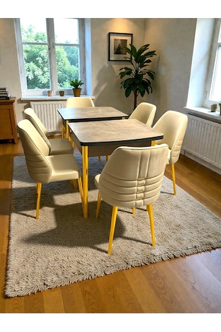 Msy Home 6 Kişilik Premium Seri Gold Detaylı Krem Renk Siyah Sonomo Kelebek Masa Modern Şık Set Bej