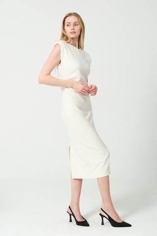 Arka Yırtmaç Detaylı Bel Büzgülü Elbise BEYAZ Beyaz