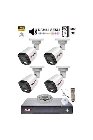 Fury 4 Kamera Sesli Gece Renkli Güvenlik Kamerası Full Hd-su Geçirmez Güvenlik Kamerası Seti 500gb