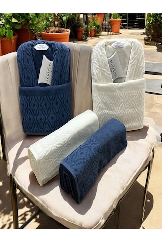 Banyo Çeyiz Seti, %100 Pamuk Bornoz Takımı, 8parça Aile Bornoz Seti, Havlu&havlu Seti Lacivert-krem Lacivert