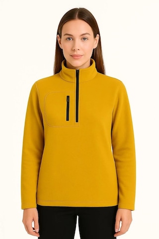 Kadın Polar Kazak Dik Yaka, Yarım Fermuarlı, Fermuarlı Göğüs Cepli, Siyah Biyeli, Kışlık Rahat Reg Sarı