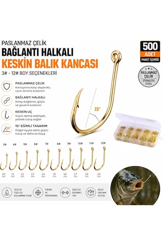 Valkyrie 500 Adet Altın Renk Olta İğnesi Seti 10 Farklı Boy, Paslanmaz Çelik, Halkalı Keskin Balık Kancası