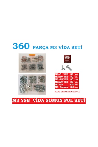 M3 Vida Seti Metrik Ysb Vida -Somun-Pul Seti 360 Parça