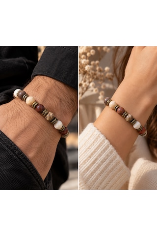 Doğal Taş Fosil Mercan Ve Hematit Taşlı Unisex Tasarım El Yapımı Bileklik Karışık Renk
