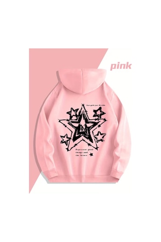 Nevermınd Yıldız Desenli Baskılı Hoodie - Trend Sevgili Kombini Oversize 3 İplik Sweatshirt 2'li Set Pembe Pembe