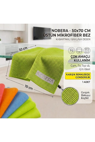 Nobera 50x70 Cm Kabartmalı Baklava Desen Çok Amaçlı Mikrofiber Cam Bezi, Leke Ve İz Bırakmaz Toz Bezi 1 Adet Karışık