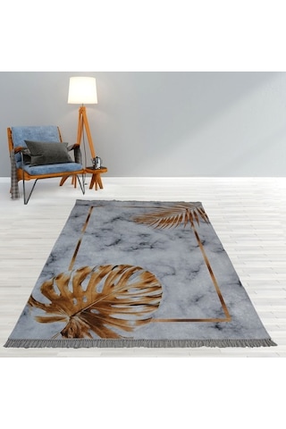 Kaydırmaz Taban Dekoratif Gold Yaprak Model Halı Çok Renkli