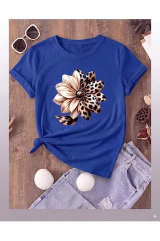Nature & Wild Leopar Çiçek Baskılı T-shirt Mavi