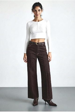 Shade Kadın Kemerli Likralı Geniş Paça Denim Pantolon 3289 60286059 - Acı Kahve Acı Kahverengi