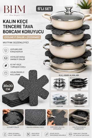 Kalın Keçe Tencere Tava Borcam Koruyucu 6'lı Set 30x30 Cm Çizdirmez Tencere Arası Ayırıcı Mutfak Düzenleyici Siyah
