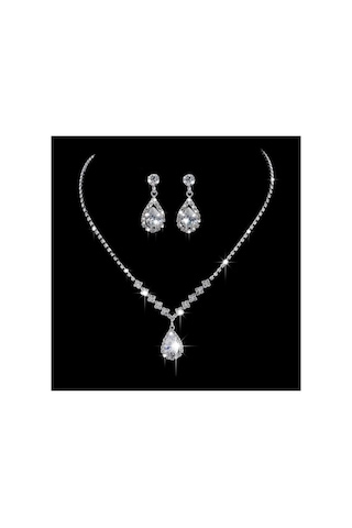 Shine Işıltılı Kristal Su Damlası Taşlı Su Yolu Gümüş Kaplama Şık Kolye Küpe Düğün/ Hediye Takı Seti Pembe - Beyaz
