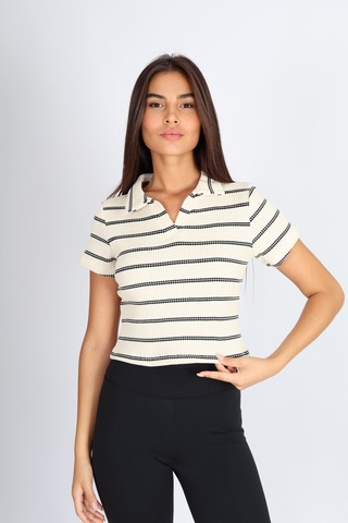 Soft&Basic Polo Yaka Raporlu Ekru Jakar Crop Fit T-shirt Ekru