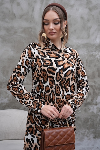 Polologin Butik Leopar Desenli Gömlek Tunik Kahverengi & Siyah & Bej