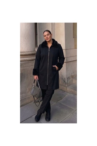 Onno Style Women Yakası Kol Ağzı Kürklü Çelik Örgü Kadın Kaban Siyah