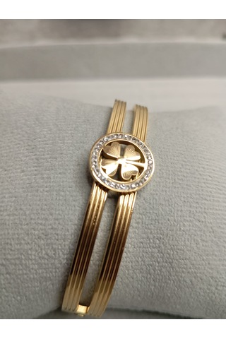 Yonca Model Zirkon Taşlı Gold Renk Kelepçe Bileklik Gold