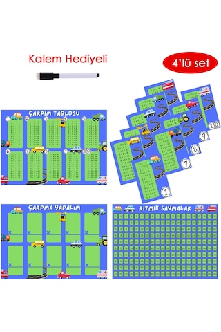 4'lü Çarpım Tablosu Seti - Kalem Hediyeli Araba Temalı