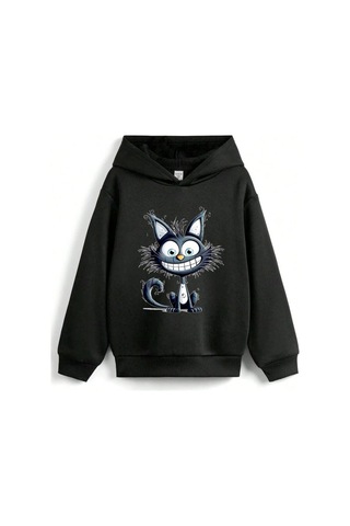Stil X Sevimli Kediler Baskılı Kapüşonlu Çocuk Sweatshırt Siyah-5