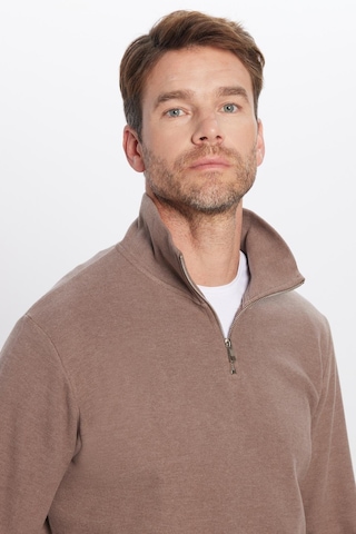 Tudors Unisex Relax Fit Rahat Kesim Fitilli Desenli Pamuklu Yarım Fermuarlı Kahverengi Dik Yaka Sweatshirt-31979 Kahverengi
