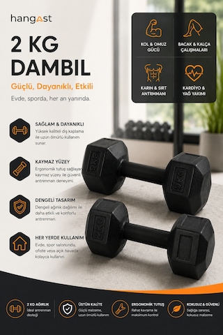 2x2 Kg Dambıl Seti Toplam 4 Kg Kaymaz Tutma Saplı Altıgen Fitness Dumbbell Ev Spor Ağırlık Seti