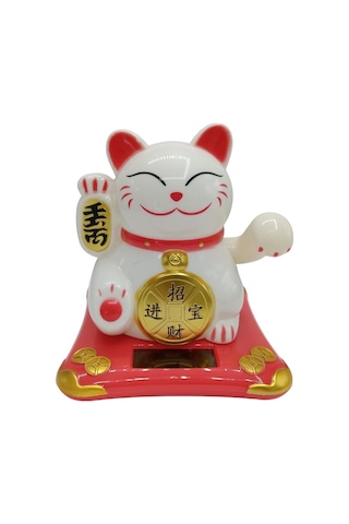 Maneki Neko El Sallayan Şans Kedisi Beyaz Solar Güneş Enerjili 10x10cm No4b01