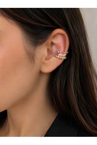 Gold Kaplama Nazar Boncuklu Taşlı Earcuff Küpe Gold Kaplama Kıkırdak Küpe