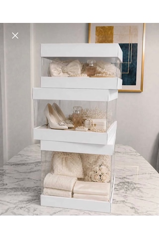 Asetat Gelin&damat Çeyiz Bohça Kutusu Beyaz 3'lü Set 1 Takım Şeffaf Katlanabilir Demonte Söz Nişan Hediyelik Büyük 33 33 40cm Orta 33 33 25cm Küçük 33 33 15cm