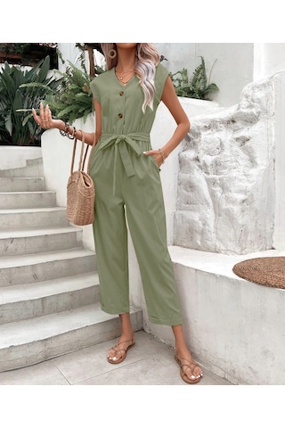 Keten Kadın V Yaka Tek Sıra Düğmeli Kolsuz Tulum 001