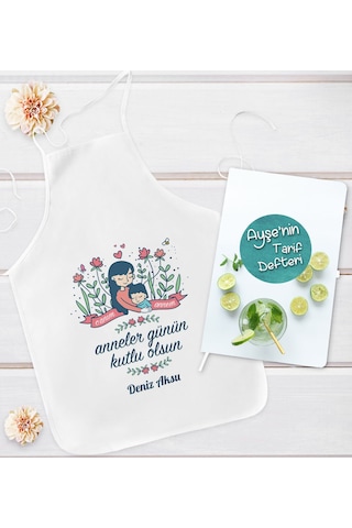 Bk Gift Kişiye Özel Anneler Günü Tasarımlı Mutfak Önlüğü Ve Yemek Tarif Defteri Hediye Seti-2, Anneye Hediye, Anneler Günü Hediyeleri