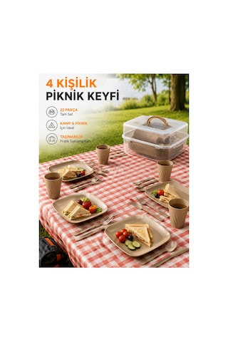 22 Parça Piknik Seti 4 Kişilik Taşınabilir Plastik Yemek Seti Saklama Kutulu Kamp & Piknik Seti Bej
