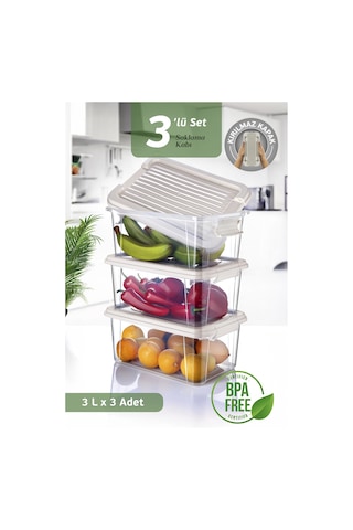 3'lü Set 3l Kilit Kapaklı Erzak Saklama Kabı Difriz Buzdolabı Düzenleyici Un Bakliyat Saklama Kutusu Bej