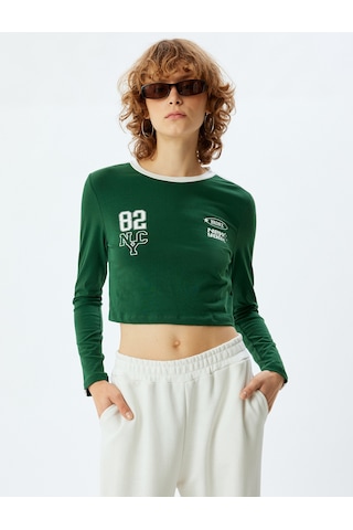 Koton Crop Tişört Arkası Kolej Baskılı Bisiklet Yaka Biyeli Slim Fit Yeşil 5wal10615ık Yeşil