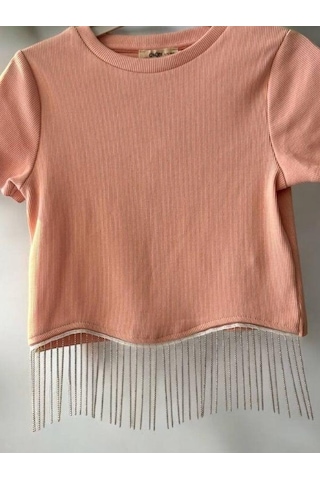 Zekids Kız Çocuk Zincirli Fitilli Crop T-shirt-14396 Somon