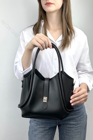 Çanta 67, Yavrulu Yumuşak Deri Ayarlanabilir Askılı Kadın Çanta Siyah Siyah