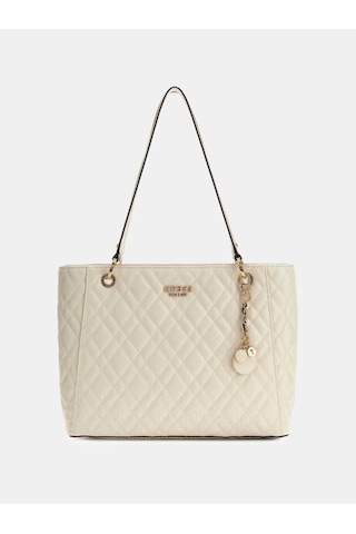 Guess Isemay Logo Patent Shopper Kadın Omuz Çantası Hwgg9628250 Ekru