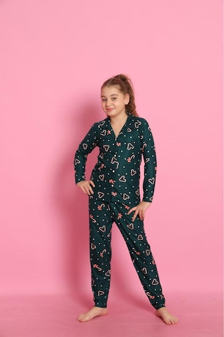 Beka Kids Yılbaşı Desenli Uzun Kollu Önden Düğmeli Gömlek Yaka Kız Çocuk Pijama Takımı Yeşil