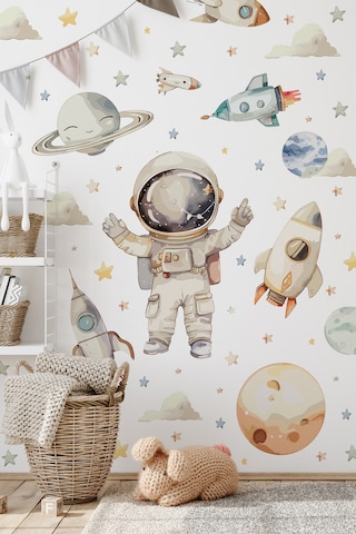 Uzay Temalı Duvar Sticker Seti 165 Parça Astronot, Roket, Gezegen Çocuk Odası Duvar Büyük Boy Dijital Baskı