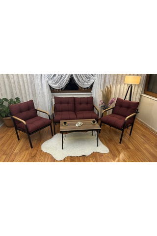 Modern Erciyes Balkon, Bahçe, Cafe - Metal Kanepe Koltuk Takımı - 2+1+1 + Sehpa Bordo Modernbs1 Bordo
