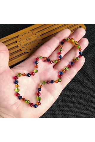 Sertifikalı Mavi Multicolor 35 cm Kız Erkek Bebek Diş Kolyesi Gri