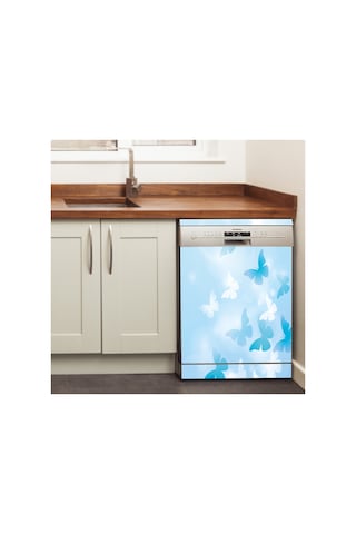 Mavi Suluboya Çiçek Bulaşık Makinesi Kaplama Sticker Kendinden Yapışkanlı Folyo 75x75 Cm