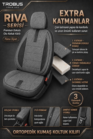Citroen Berlingo 2004-2018 Uyumlu Riva Serisi 2+1 Ticari Füme Siyah Ortopedik Koltuk Kılıfı