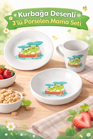 Kurbağa Desenli 3 Lü Porselen Çocuk Mama Seti Tabak Kase Kupa Beyaz