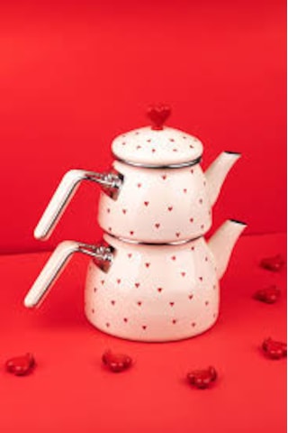 Luxury Emaye Kalpli Çay Takımı Beyaz - Kırmızı