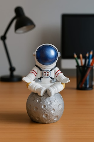 Momiko Uzay Temalı Meditasyon Yapan Beton Astronot Masaüstü Heykeli - Dekoratif Mini Figür -